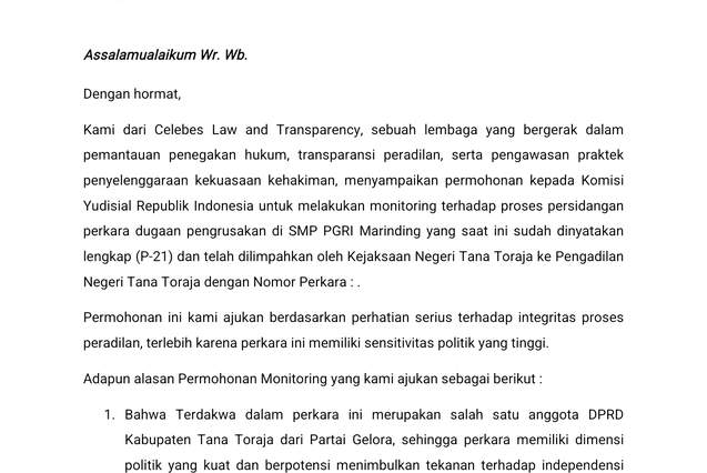 CLAT Minta Komisi Yudisial Pantau Sidang Kasus SMP PGRI Marinding di PN Tana Toraja: Ada Potensi Tekanan Poitik